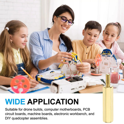 Classroom with teacher and students building electronics; inset shows 10 Pcs Brass Hex Spacer Screws M2.5 X 25mm And 6mm Brass Hex Standoffs.