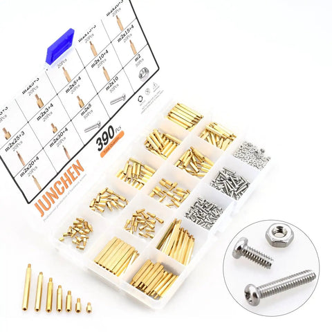 M2 Brass Hex Standoff Kit 390 Piece Assortment for PCB and Computer Projects in plastic storage box with spacers, screws, and nuts.