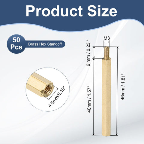 Brass Hex Standoff Spacer Pack For Quadcopters And PCBs M3 Thread 6mm Male To 40mm Female Total 46mm Length 50 Pieces diagram
