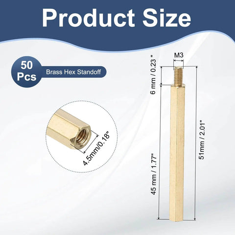 Brass Hex Standoff Spacer Set 50 Pcs M3 Threaded Spacers for Drones and PCBs 6mm Male and 45mm Female Threads with dimension details