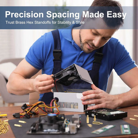 Man assembling electronics using Brass Hex Standoff Set M2.5 Threaded Spacers For PCB Drone Quad Copter And Computer Build 25 Pcs