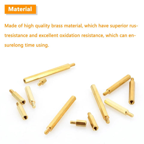 M2 Brass Hex Standoff Kit 390 Piece Assortment for PCB and Computer Projects showing brass standoffs in various sizes.