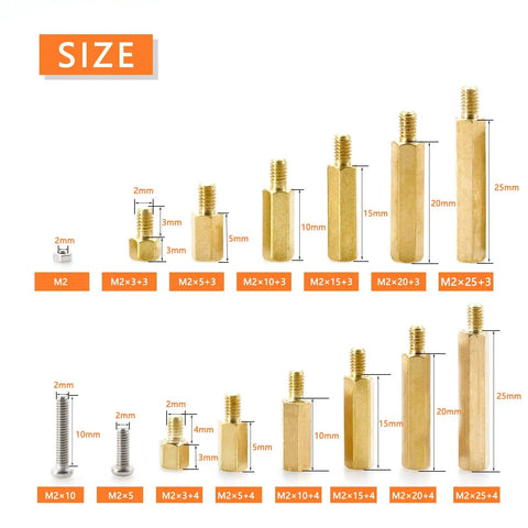 M2 Brass Hex Standoff Kit 390 Piece Assortment for PCB and Computer Projects Includes M2 Standoffs in 3mm 5mm 10mm 15mm 20mm 25mm and 30mm Lengths Plus 3mm and 4mm Spacers with M2 Screws and Nuts for PCB Mounting