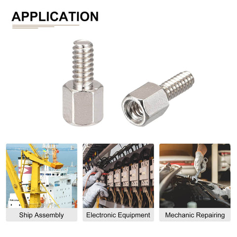 Brass Hex Standoff Spacer 4-40 Male To Female, 6x6mm Size And 6mm Thread Length, 100 Pack, shown with application examples.