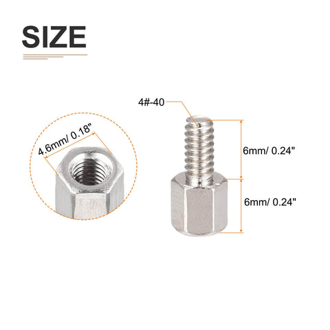 Brass Hex Standoff Spacer 4-40 Male To Female, 6x6mm Size And 6mm Thread Length, side view showing dimensions