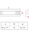 Diagram of Brass Hex Standoff Spacer For PCB Mounting With Female M3 Thread 5mm Hex Head And 45mm Length, showing dimensions.