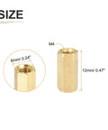 Brass M4 Hex Standoff Spacers 12mm Long 6mm Hex Width 25 Pack Female Threaded Nuts for Electronics and Machinery close-up