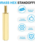 10 Pcs Brass Hex Spacer Screws M2.5 X 25mm And 6mm Brass Hex Standoffs, single brass spacer shown with features and text.