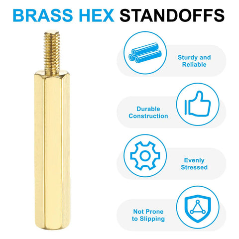 10 Pcs Brass Hex Spacer Screws M2.5 X 25mm And 6mm Brass Hex Standoffs, single brass spacer shown with features and text.