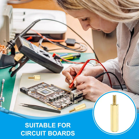 Person using 10 Pcs Brass Hex Spacer Screws M2.5 X 25mm And 6mm Brass Hex Standoffs on a circuit board.