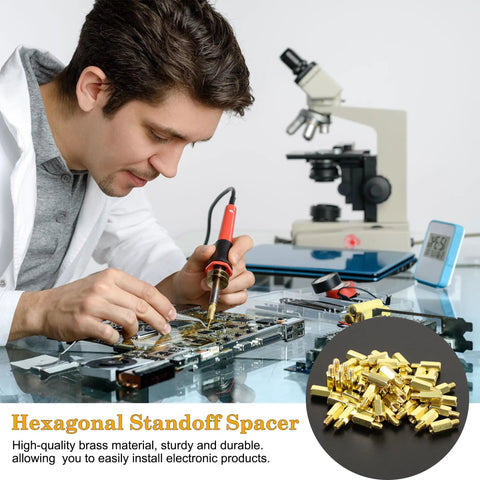 Man using soldering tool on motherboard with M3 Brass Hex Standoff Spacers Set For PC Build And Motherboard 50 Pieces With Male To Female Threads 9mm And 4mm Lengths Durable PCB Hardware Kit With Nuts And Screws Uxcell.