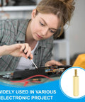 10 Pcs Brass Hex Spacer Screws M2.5 X 25mm And 6mm Brass Hex Standoffs shown next to woman working on electronics
