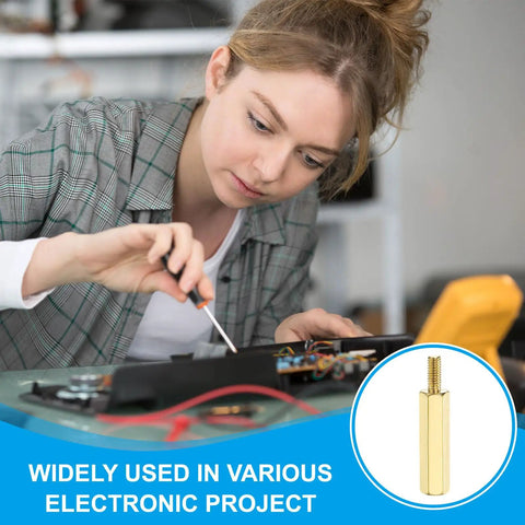 10 Pcs Brass Hex Spacer Screws M2.5 X 25mm And 6mm Brass Hex Standoffs shown next to woman working on electronics