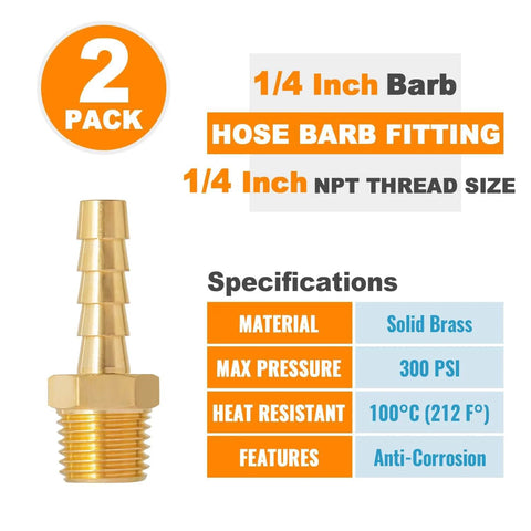 1/4 NPT Brass Hose Barb Fittings Male To Barbed Air Hose Connectors For Compressor Fuel Oil 2 Pack, specifications displayed