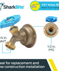 Brass Push To Connect Hose Bibb With 45 Degree Angle, Half Inch By Three Quarter Inch MHT, Multi Turn Shutoff Valve shown