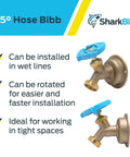 Brass Push To Connect Hose Bibb With 45 Degree Angle, Half Inch By Three Quarter Inch MHT, multi turn valve, PEX Copper CPVC fitting