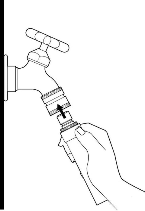 Diagram showing hand attaching Heavy Duty Brass Hose Quick Connect Set With Male Adapter And Female Connector For Quick No Twist Attachments