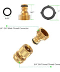 Solid Brass Garden Hose Quick Connectors Set Three Quarter Inch Thread Easy Connect No Leak Universal Fit For Hoses Faucets Pressure Washers And Watering Devices Six Piece Set with male and female thread connectors.