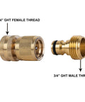 Garden Hose Quick Connect Fittings Set 3/4 Inch GHT Solid Brass Connectors with female coupler and male nipple.