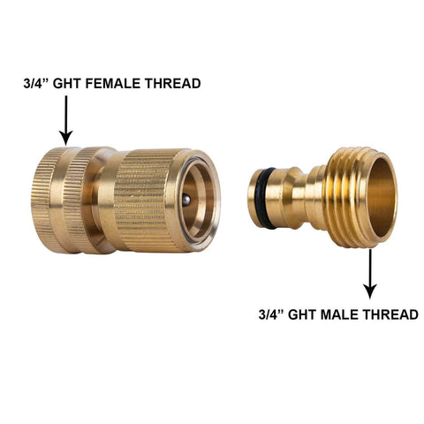 Garden Hose Quick Connect Fittings Set 3/4 Inch GHT Solid Brass Connectors with female coupler and male nipple.