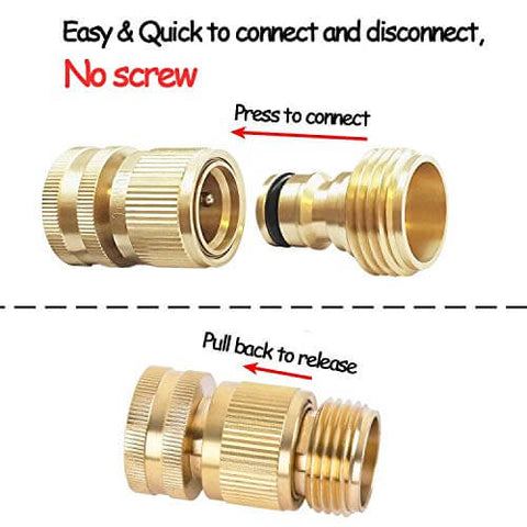 Garden Hose Quick Connect Fittings Set 3/4 Inch GHT Solid Brass Connectors With 2 Female Couplers And 2 Male Nipples Plus 4 Washers Easy Snap On System For Standard Hoses No Tools Needed