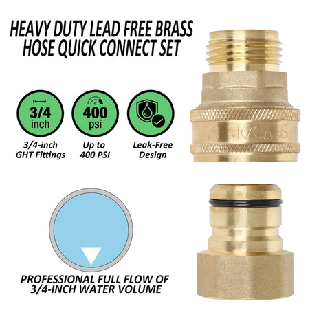 Heavy Duty Built Tough Three Quarters Inch Full Flow Garden Hose Quick Connect Fittings Lead Free Brass Full Port Connectors Coupler