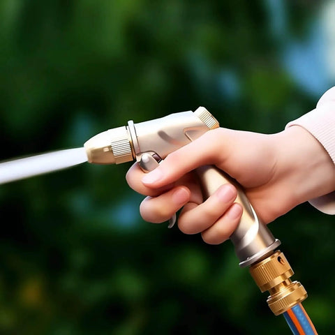 Person holding garden hose with Heavy Duty Brass Garden Hose Quick Connect Fittings 3/4 Inch GHT Rust Resistant Couplings