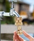 Brass Garden Hose Quick Connect Fittings For Three Quarter Inch Hoses, Leak Free Under High Pressure being attached to tap