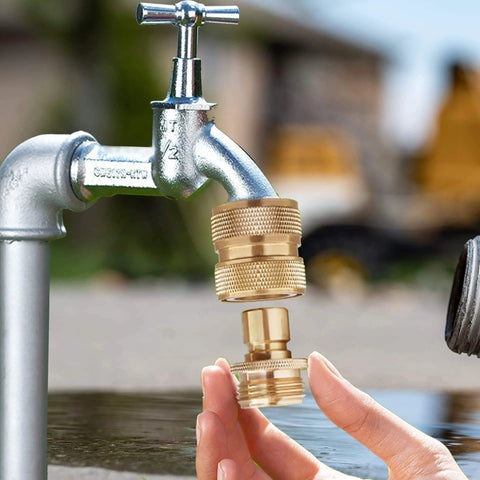 Brass Garden Hose Quick Connect Fittings For Three Quarter Inch Hoses, Leak Free Under High Pressure being attached to tap