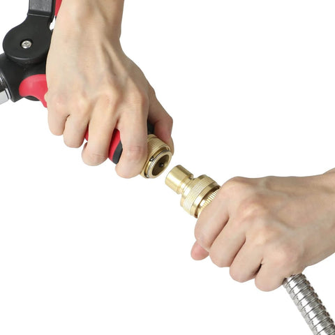 Connecting Brass Full Flow Garden Hose Quick Connect Fittings Three Quarter Inch GHT to hose and nozzle
