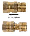 Brass Garden Hose Quick Connect Kit With 3 Female Couplers And 6 Male Nipples For 3/4 Inch GHT Water Hose Connectors Durable Leak Free Quick Connect System showing connection and release mechanism.