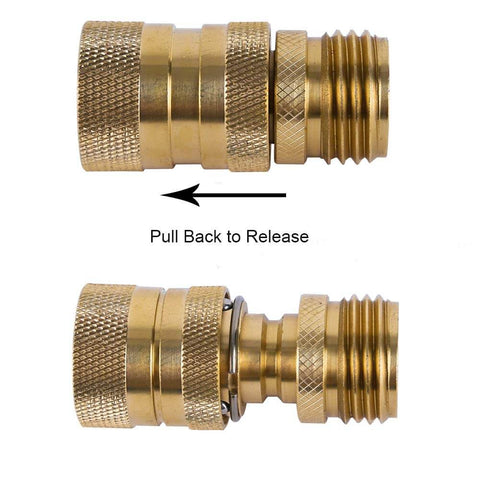 Brass Garden Hose Quick Connect Kit With 3 Female Couplers And 6 Male Nipples For 3/4 Inch GHT Water Hose Connectors Durable Leak Free Quick Connect System showing connection and release mechanism.