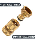 Solid Brass Garden Hose Quick Connect Set Three Quarter Inch GHT No Leak Fittings showing male and female connectors