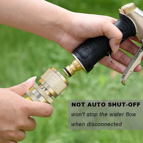 Brass Garden Hose Quick Connect Set 3/4 Inch GHT Thread No Leak Quick Connector Fittings being connected to a nozzle
