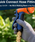 Heavy Duty Brass Hose Quick Connect Set With No Drip Rubber Washers For Three Quarter Inch Fittings Universal Quick Release Water Hose Adapters For Outdoor Use shown connected to garden hose nozzle.