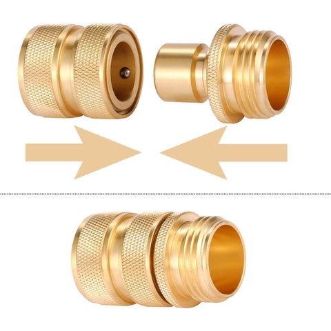 Brass Garden Hose Quick Connect Set Three Quarter Inch Male And Female Connectors Heavy Duty Fittings For Hoses Faucets And Pressure Washers Easy Hookup Fits All Standard Hoses Includes Two Pairs, showing connectors close-up