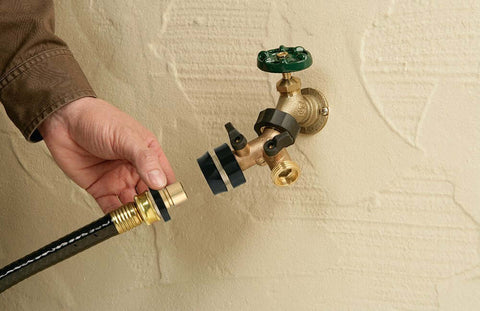 Heavy Duty Brass Hose Quick Connect Set With Male Adapter And Female Connector For Quick No Twist Attachments Weatherproof Garden Hose Fittings Save Time Switching Hose End Accessories In The Yard, connected to faucet