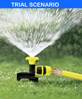 Sprinkler with Solid Brass Garden Hose Quick Connect Set Three Quarter Inch GHT Thread No Leak Connectors in use on grass