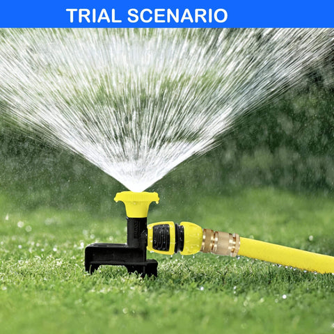 Sprinkler with Solid Brass Garden Hose Quick Connect Set Three Quarter Inch GHT Thread No Leak Connectors in use on grass