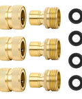 Three pairs of No Hassle Full Flow Brass Garden Hose Quick Release Adapter Fitting With Male And Female Connectors Full Port Quick Disconnect Outdoor Water Hose Coupler With Four Washers