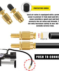 2 Pack Brass Inflation Valves With Push To Connect For 1/4 Inch OD Air Line Tubing showing protective cover and connection diagram
