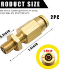2 Pack Brass Inflation Valves With Push To Connect For 1/4 Inch OD Air Line Tubing, shows dimensions and brass material