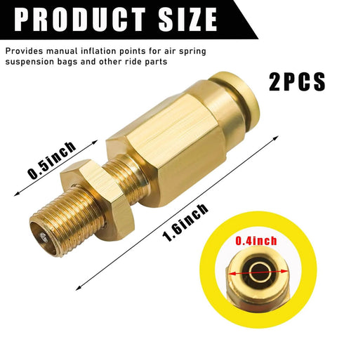2 Pack Brass Inflation Valves With Push To Connect For 1/4 Inch OD Air Line Tubing, shows dimensions and brass material