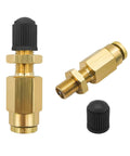 2 Pack Brass Inflation Valves With Push To Connect For 1/4 Inch OD Air Line Tubing, shown with black caps.