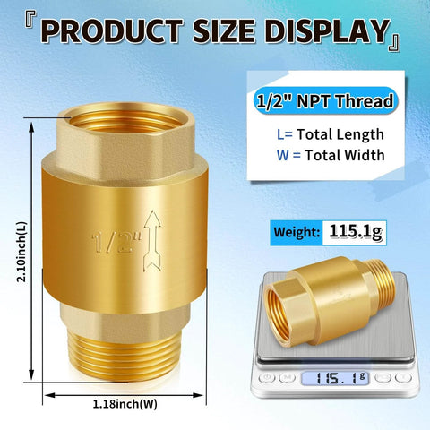 Two Piece Brass Inline Spring Check Valve With One Way Backflow Preventer NPT Half Inch Threads For Well Water Systems