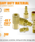26 Piece Air Coupler And Plug Kit With One Quarter Inch NPT Quick Connect Fittings For Air Hose And Compressor Accessories, brass and iron, shown in close-up with temperature and pressure ratings.