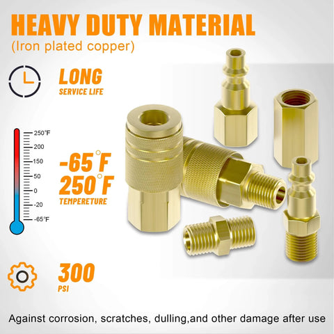26 Piece Air Coupler And Plug Kit With One Quarter Inch NPT Quick Connect Fittings For Air Hose And Compressor Accessories, brass and iron, shown in close-up with temperature and pressure ratings.