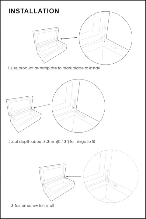 Installation diagram for Solid Brass Heavy Duty Jewelry Box Side Rail Hinge Set Built To Last For Jewelry Boxes And Cigar Boxes