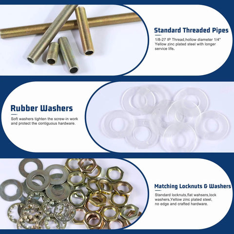 Antique Brass Lamp Repair Hardware Kit 60 Piece Set Pipe Nipples Lock Nuts Washers For Lamp Assembly DIY Home Projects with parts displayed