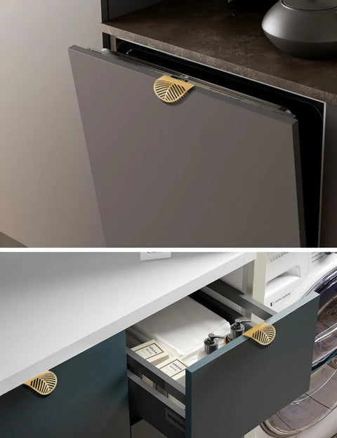 Leaf Shaped Cabinet Handles Set, Solid Brass With Brushed Gold Finish, installed on gray drawer, showing open and closed views